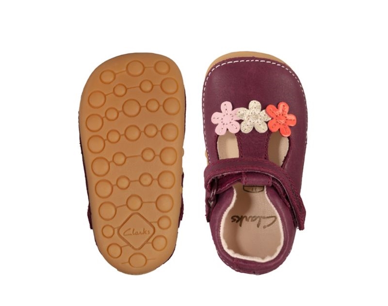 Clarks Tiny Sun Walking Shoes Toddler Shoes Burgundy Girls - India U1F1812-P2