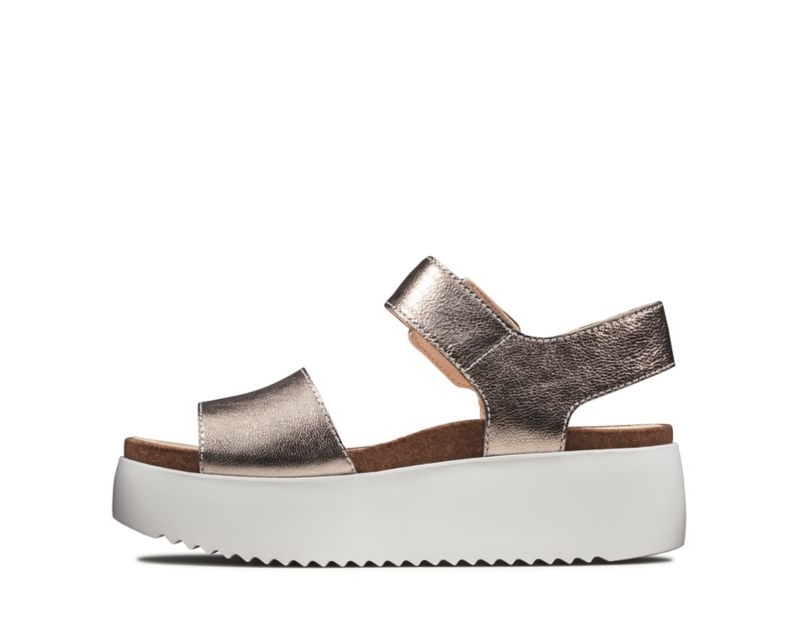 Clarks Botanic Strap Wedge Sandals Gold Women - India J4T6215-T5