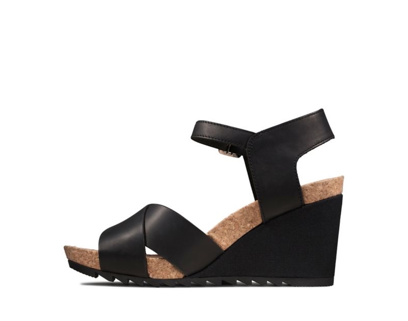 Clarks Flex Sun Wedge Sandals Black Women - India T6T3737-Z6