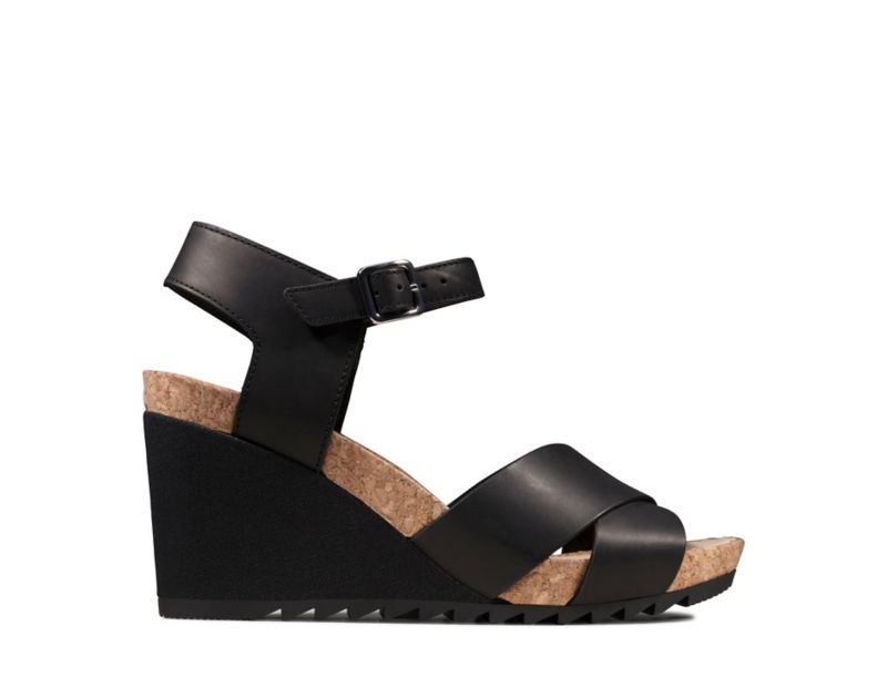 Clarks Flex Sun Wedge Sandals Black Women - India T6T3737-Z6