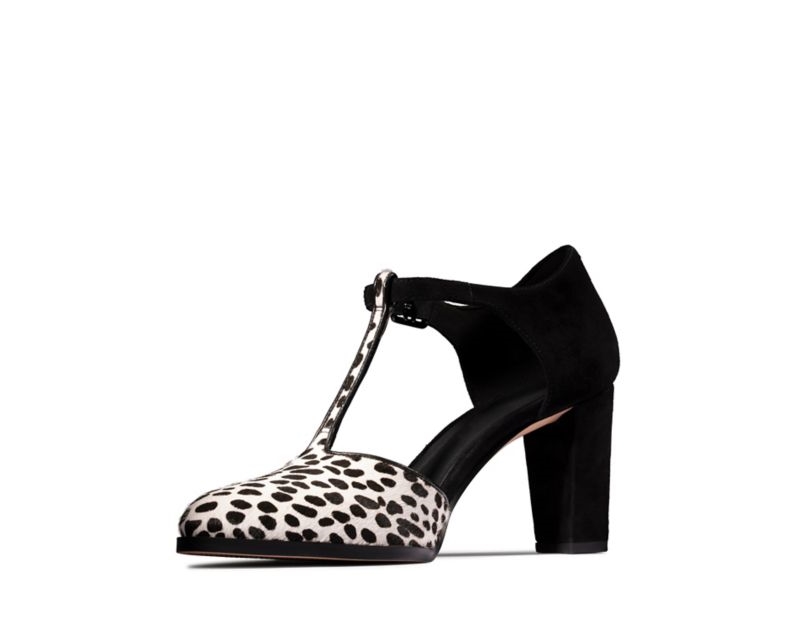 Clarks Kaylin 85 T Bar Heeled Sandals Black Shoes Leopard Women - India W0C1118-D5