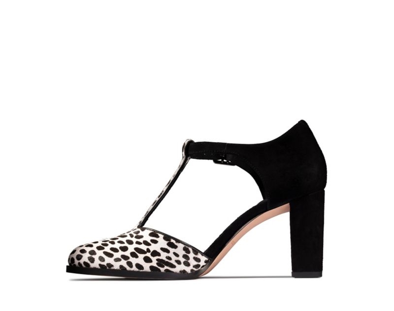 Clarks Kaylin 85 T Bar Heeled Sandals Black Shoes Leopard Women - India W0C1118-D5