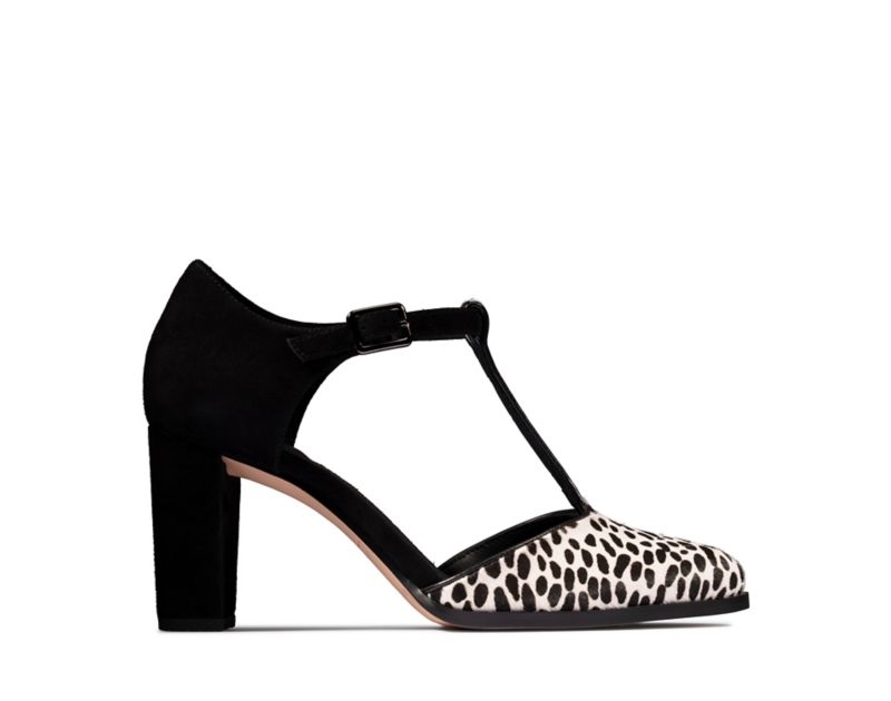 Clarks Kaylin 85 T Bar Heeled Sandals Black Shoes Leopard Women - India W0C1118-D5