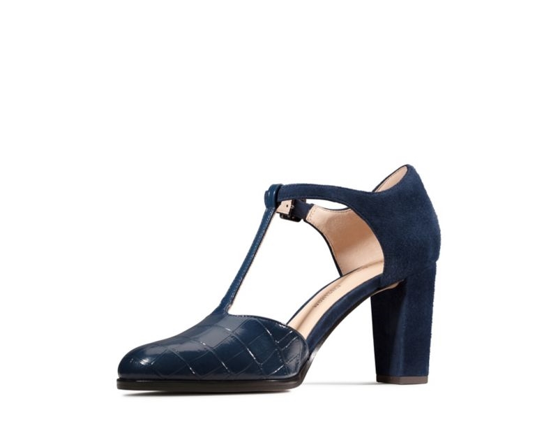 Clarks Kaylin 85 T Strap Heeled Sandals Heels Navy Women - India E8D2403-P1