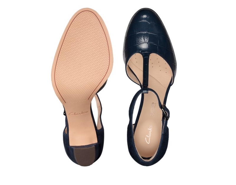 Clarks Kaylin 85 T Strap Heeled Sandals Heels Navy Women - India E8D2403-P1