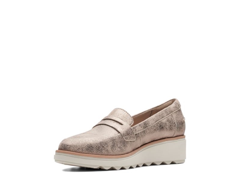 Clarks Sharon Ranch Wedge Sandals Loafers Silver Metal Women - India Z8B6576-C7