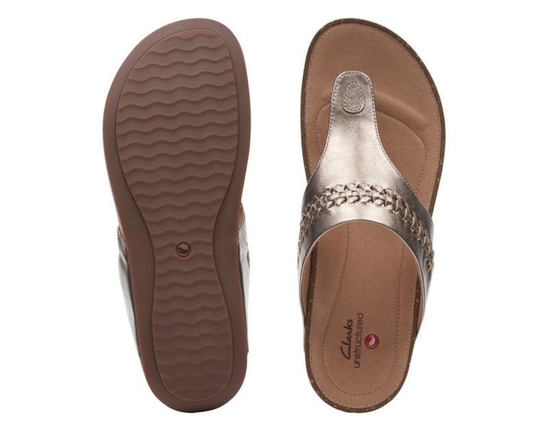 Clarks Un Perri Vibe Flat Sandals Gold Metal Women - India A6G7178-B1